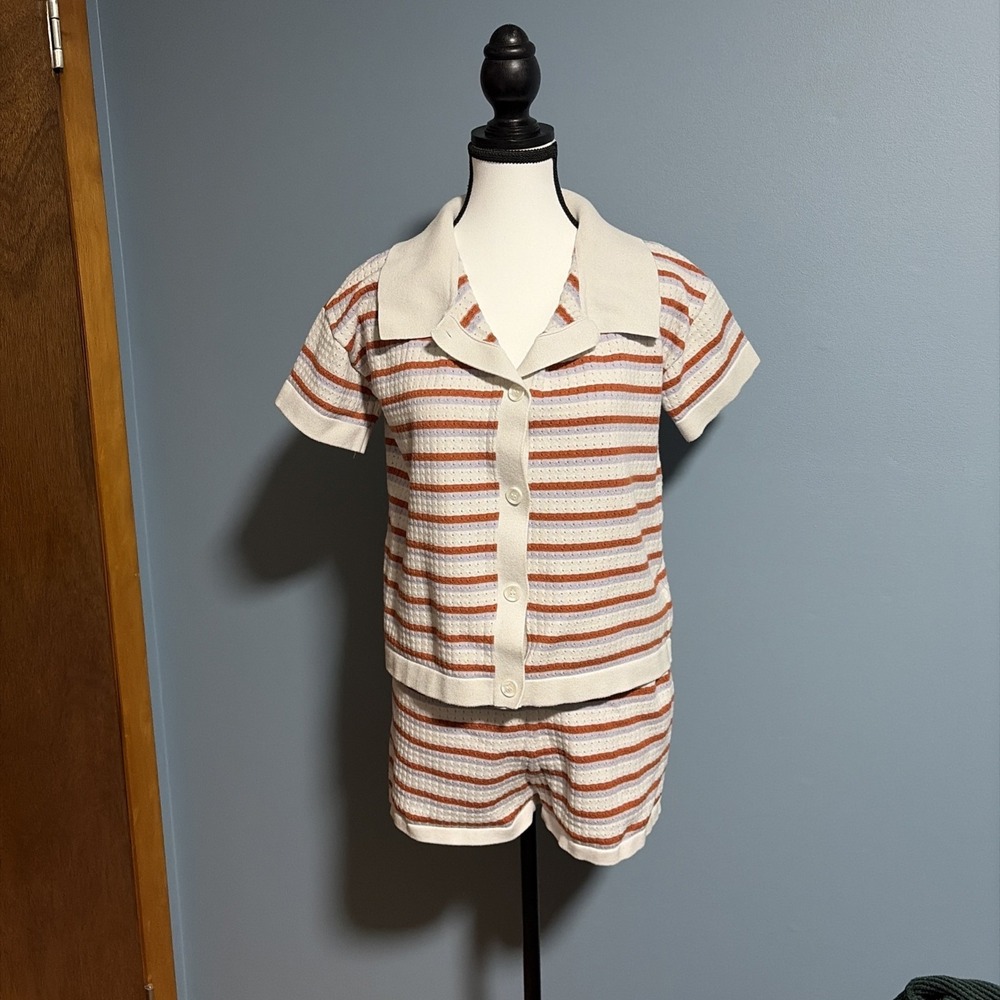 Unbranded Striped Knit 2 Pc Short Set Orange Lavender White G6X388 Size M